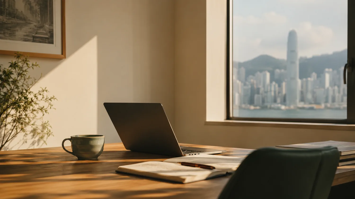 暖光書桌、手提電腦同窗外香港維港天際線 —— Flow Studio HK 品牌氛圍